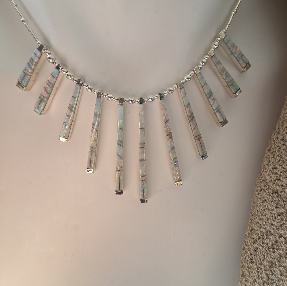 🆕️Chic STERLING Silver BAR Necklace with OPAL Inlay Details - Picture 2 of 14